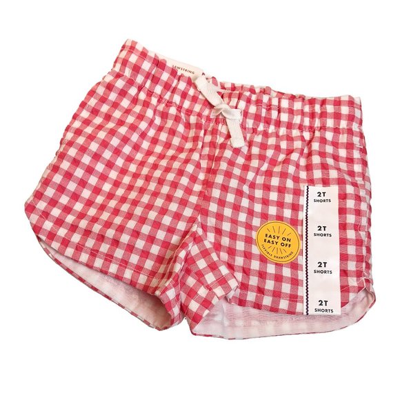 NWT Cat & Jack Toddler Girls Coral Pink Gingham Woven Pull-On Drawstring Shorts - Picture 1 of 3